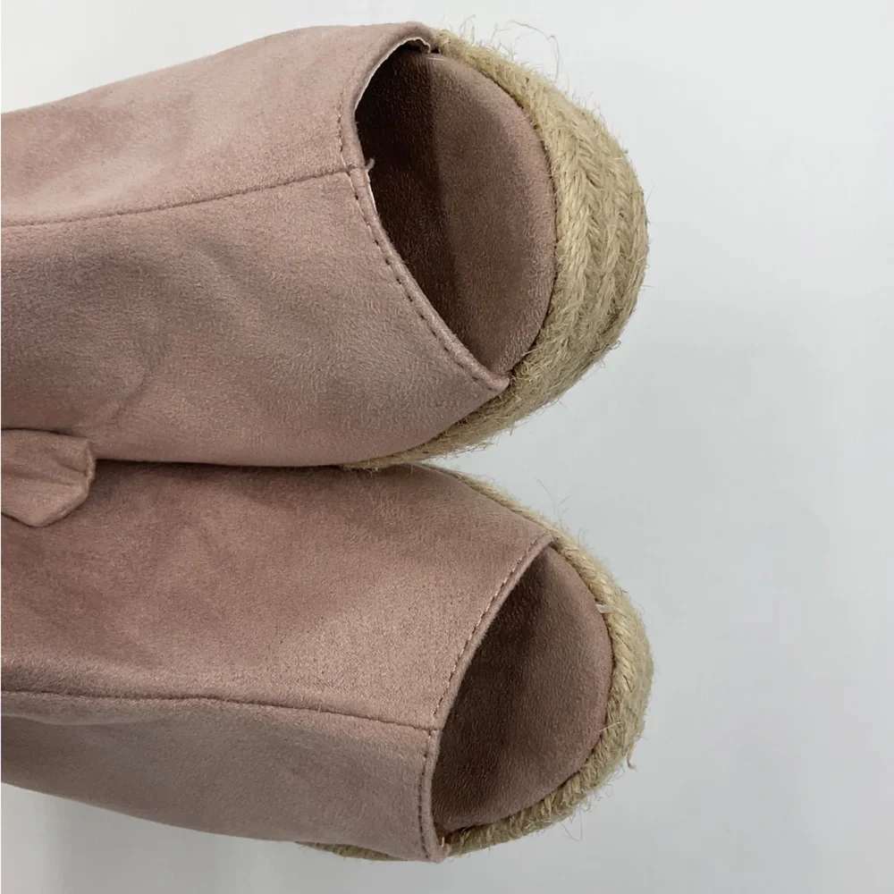 Refresh EUC Miya Pink Suede Espadrille Wedges Ribbon Tie Back Open Toe Size 8.5